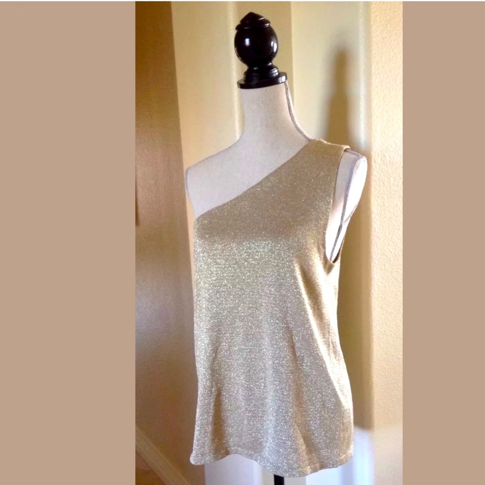 RALPH LAUREN Metallic Gold One Shoulder Going Out Dressy Casual Knit Top XL NEW!